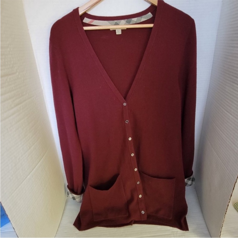 Burberry Deep Red Wine/ Burgundy 100% Cashmere Cardigan Sweater